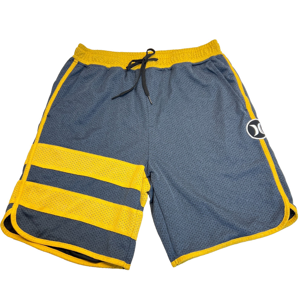 Hurley Mens Athletic Shorts Mesh Elastic Waistband Tie Grey/Yellow, Sz M